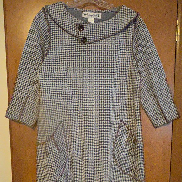 BEEBOP & WALLY Sz M Blue & Tan Pattern 3/4 Sleeve Shift Dress with Pockets - Picture 2 of 7